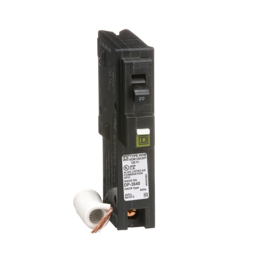 Schneider Electric HOM120CAFI Mini circuit breaker, Homeline, 20A, 1 pole, 120 VAC, 10 kA AIR, combo arc fault, pigtail neutral, plug in mount