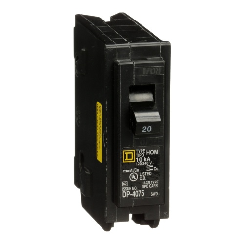 Schneider Electric HOM120HM Mini circuit breaker, Homeline, 20A, 1 pole, 120/240 VAC, 10 kA AIR, high magnetic, plug in mount