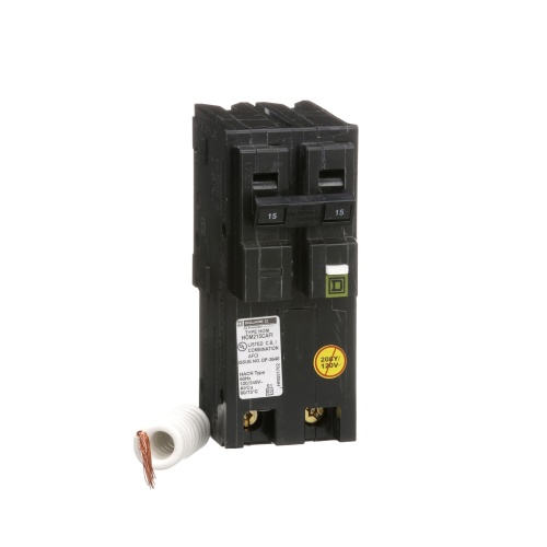 Schneider Electric HOM215CAFI Mini circuit breaker, Homeline, 15A, 2 pole, 120 VAC, 10 kA AIR, combo arc fault, pigtail neutral, plug in mount