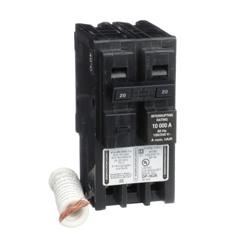 Schneider Electric HOM220EPD Mini circuit breaker, Homeline, 20A, 2 pole, 120/240 VAC, 10 kA AIR, ground fault class B, plug in mount