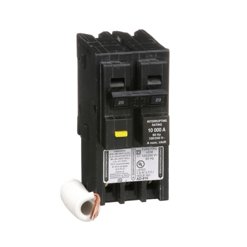 Schneider Electric HOM220GFI Mini circuit breaker, Homeline, 20A, 2 pole, 120/240 VAC, 10 kA AIR, ground fault class A, plug in mount
