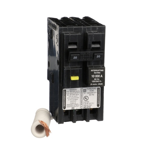 Schneider Electric HOM220GFIC Mini circuit breaker, Homeline, 20A, 2 pole, 120/240 VAC, 10 kA AIR, ground fault class A, plug in mount
