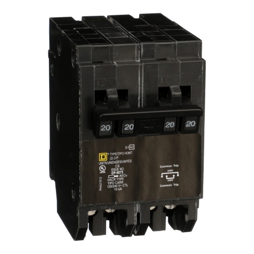 Schneider Electric HOMT220220 Quad tandem mini circuit breaker, Homeline, 2 x 2 pole at 20A, 120/240 VAC, 10 kA AIR, plug in mount