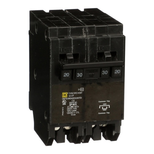 Schneider Electric HOMT220230 Quad tandem mini circuit breaker, Homeline, 1 x 2 pole at 20A, 1 x 2 pole at 30A, 120/240 V, 10 kA AIR, plug in mount