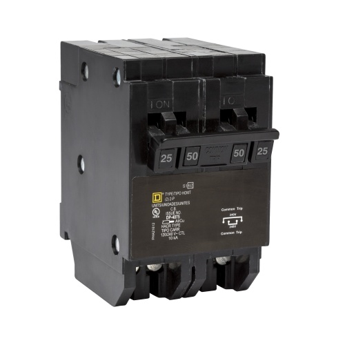 Schneider Electric HOMT225250 Quad tandem mini circuit breaker, Homeline, 1 x 2 pole at 25A, 1 x 2 pole at 50A, 120/240 VAC, 10 kA AIR, plug in mount