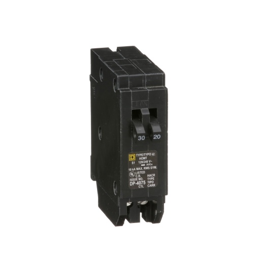 Schneider Electric HOMT3020 Tandem mini circuit breaker, Homeline, 1 x 1 pole at 30A, 1 x 1 pole at 20A, 120/240 VAC, 10 kA AIR, plug in mount
