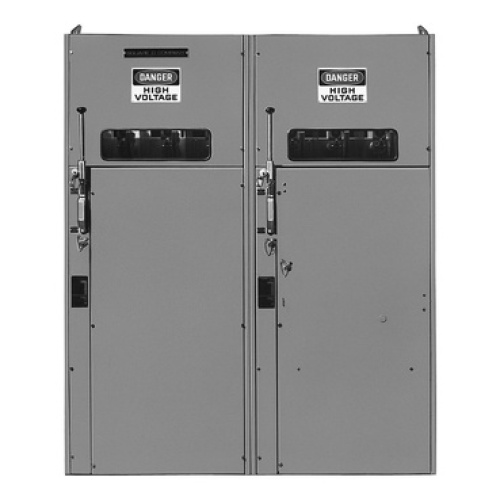 Schneider Electric HVL515DEGL1 - Switchgear, HVL, duplex, 600A, 15kV, 10 to 100E current limit fuse, transformer disconnect, left, NEMA 1 - 90" x 76" x 54.5" (HxWxD)