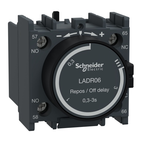 Schneider Electric LADR06 Time delay auxiliary contact block, TeSys D, 1NO + 1NC, off delay 0.3-3 s, front mounting, lugs-ring terminals