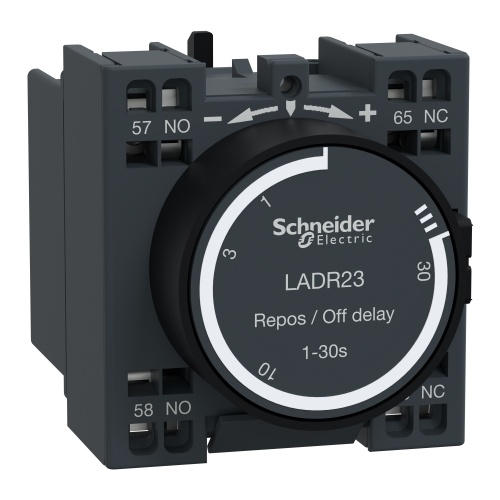 Schneider Electric LADR23 Time delay auxiliary contact block, TeSys D, 1NO + 1NC, off delay 1-30 s, front mounting, spring terminals