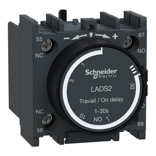 Schneider Electric LADS2 Time delay auxiliary contact block, TeSys D, 1NO + 1NC, on delay 1-30 s, front mounting, screw terminals