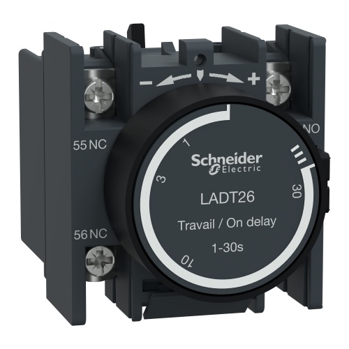 Schneider Electric LADT26 Time delay auxiliary contact block, TeSys D, 1NO + 1NC, on delay 1-30 s, front mounting, lugs-ring terminals