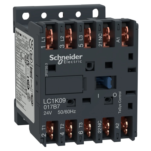 Schneider Electric LC1K09017B7 TeSys K Non-Reversing contactor - 3P - AC-3 <= 440 V 9 A - 1 NC aux. - 24 V AC coil