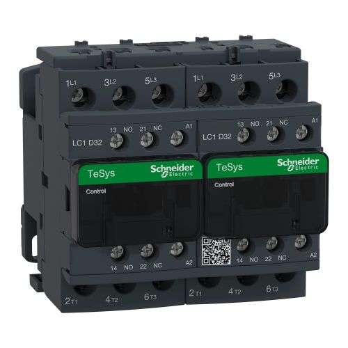 Schneider Electric LC2D32G7 TeSys D IEC contactor, 32 A, 3 P, 20 HP at 480 VAC, reversing, 120 VAC 50/60 Hz coil