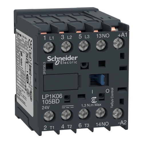 Schneider Electric LP1K06105BD TeSys K Non-Reversing contactor - 3P - AC-3 <= 440 V 6 A - 1 NO aux. - 24 V DC coil