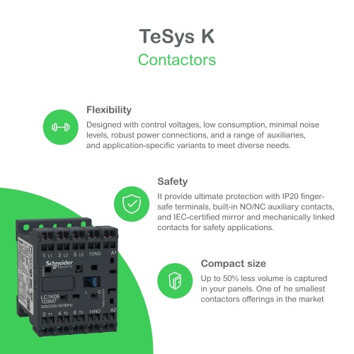 Schneider Electric LP1K1210JD TeSys K Non-Reversing contactor - 3P - AC-3 <= 440 V 12 A - 1 NO aux. - 12 V DC coil