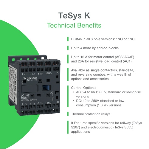 Schneider Electric LP1K1210JD TeSys K Non-Reversing contactor - 3P - AC-3 <= 440 V 12 A - 1 NO aux. - 12 V DC coil
