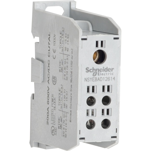 Schneider Electric NSYEBAD12614 Power distribution block, Linergy, enclosed, 200A CU, 155A AL, 600 V, 1 line side lug, 4 load side lug, AL lug, rail