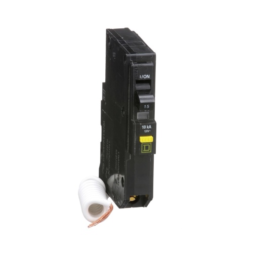 Schneider Electric QO115GFI Mini circuit breaker, QO, 15A, 1 pole, 120 VAC, 10 kA, 6mA grd fault A, pigtail, plug in mount