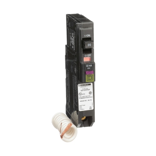Schneider Electric QO120VHDF Mini circuit breaker, QO, 20A, 1 pole, 120 VAC, 22 kA, dual function, pigtail, plug in mount