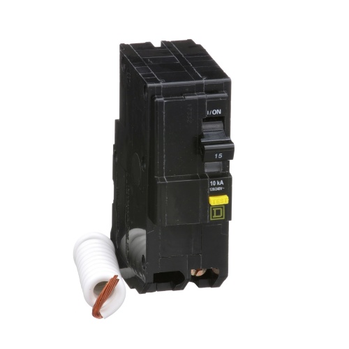 Schneider Electric QO215GFI Mini circuit breaker, QO, 15A, 2 pole, 120/240 VAC, 10 kA, 6mA grd fault A, pigtail, plug in mount