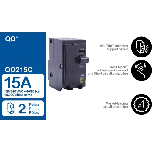 Schneider Electric QO215 Mini Circuit Breaker - 15A 2-Pole 120/240VAC 10kA Plug-In