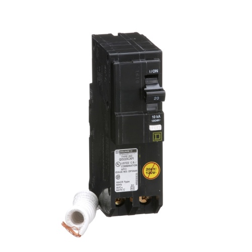 Schneider Electric QO220CAFI Mini circuit breaker, QO, 20A, 2 pole, 120/240 VAC, 10 kA, combo arc fault, pigtail, plug in mount