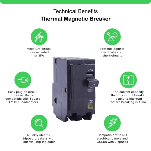 Schneider Electric QO235 Mini circuit breaker, QO, 35A, 2 pole, 120/240 VAC, 10 kA, plug in mount