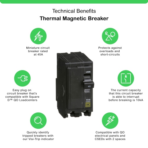 Schneider Electric QO245 Mini circuit breaker, QO, 45A, 2 pole, 120/240 VAC, 10 kA, plug in mount