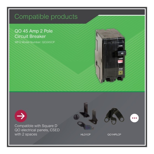 Schneider Electric QO245 Mini circuit breaker, QO, 45A, 2 pole, 120/240 VAC, 10 kA, plug in mount