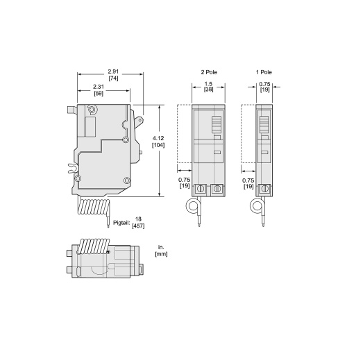 Schneider Electric QO260GFI Mini circuit breaker, QO, 60A, 2 pole, 120/240 VAC, 10 kA, 6mA grd fault A, pigtail, plug in mount