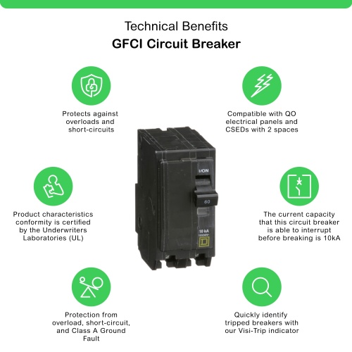 Schneider Electric QO260GFI Mini circuit breaker, QO, 60A, 2 pole, 120/240 VAC, 10 kA, 6mA grd fault A, pigtail, plug in mount