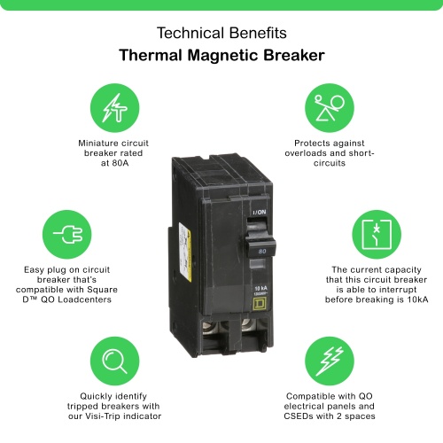Schneider Electric QO280 Mini circuit breaker, QO, 80A, 2 pole, 120/240 VAC, 10 kA, plug in mount