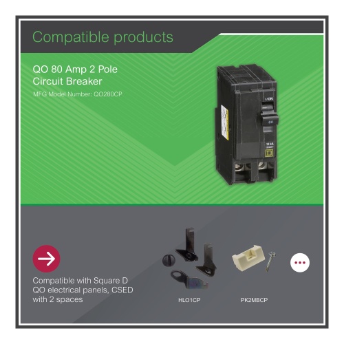 Schneider Electric QO280 Mini circuit breaker, QO, 80A, 2 pole, 120/240 VAC, 10 kA, plug in mount