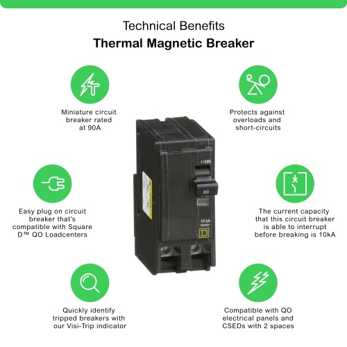 Schneider Electric QO290 Mini circuit breaker, QO, 90A, 2 pole, 120/240 VAC, 10 kA, plug in mount