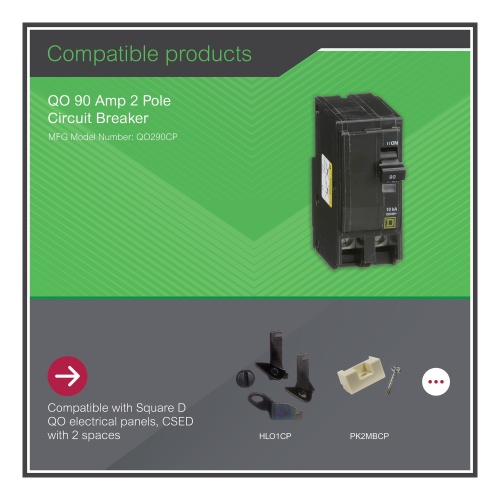 Schneider Electric QO290 Mini circuit breaker, QO, 90A, 2 pole, 120/240 VAC, 10 kA, plug in mount