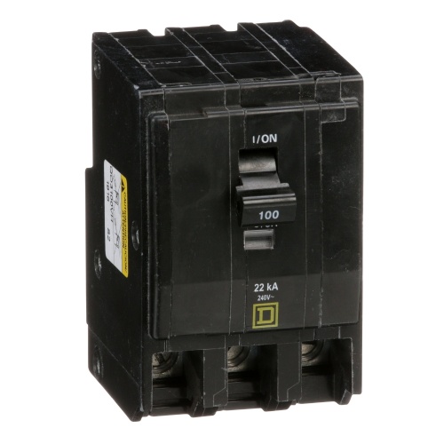 Schneider Electric QO3100VH Mini circuit breaker, QO, 100A, 3 pole, 120/240 VAC, 22 kA, plug in mount