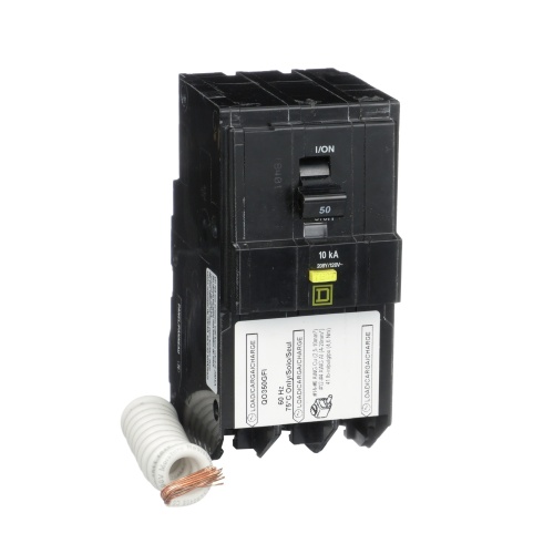 Schneider Electric QO350GFI Mini circuit breaker, QO, 50A, 3 pole, 208Y/120 VAC, 10 kA, 6mA grd fault A, pigtail, plug in mount