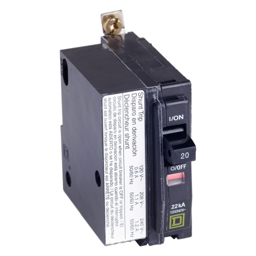 Schneider Electric QOB1251021 Mini circuit breaker, QO, 25A, 1 pole, 120/240 VAC, 10 kA, bolt on mount, AC shunt trip