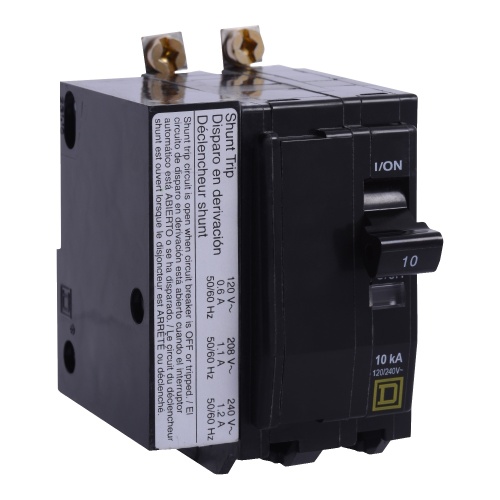 Schneider Electric QOB2151021 Mini circuit breaker, QO, 15A, 2 pole, 120/240 VAC, 10 kA, bolt on mount, AC shunt trip