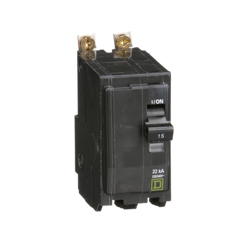Schneider Electric QOB215VH Mini circuit breaker, QO, 15A, 2 pole, 120/240 VAC, 22 kA, bolt on mount