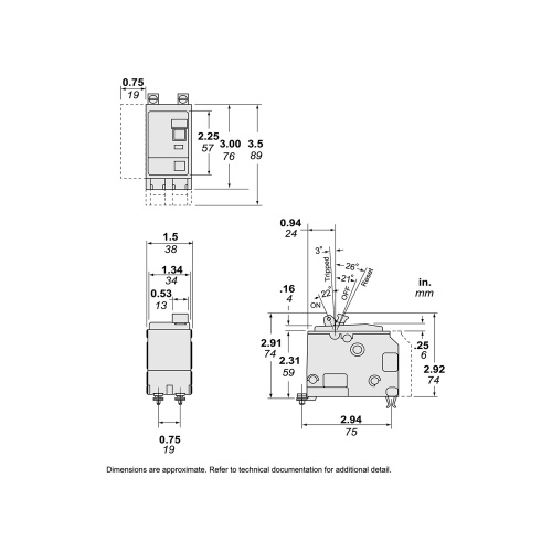 Schneider Electric QOB260 Mini circuit breaker, QO, 60A, 2 pole, 120/240 VAC, 10 kA, bolt on mount