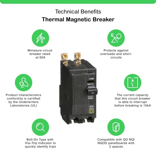 Schneider Electric QOB260 Mini circuit breaker, QO, 60A, 2 pole, 120/240 VAC, 10 kA, bolt on mount