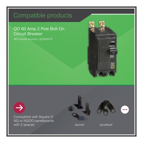 Schneider Electric QOB260 Mini circuit breaker, QO, 60A, 2 pole, 120/240 VAC, 10 kA, bolt on mount
