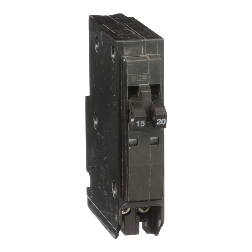 Schneider Electric QOT1520 Tandem mini circuit breaker, QO, 1 x 1 pole at 15A, 1 x 1 pole at 20A, 120/240 VAC, 10 kA, plug in mount