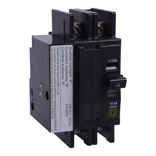 Schneider Electric QOU2101200 QOU Miniature Circuit Breaker, 10A, 2P, 120/240V, 10kA, Aux Switch
