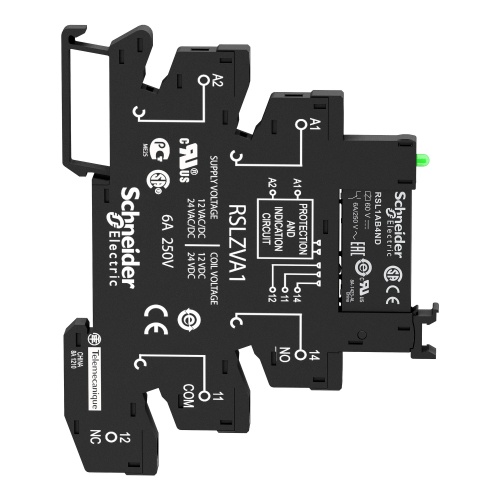 Schneider Electric RSL1PVBU Slim interface relay pre-assembled, 6 A, 1 CO, LED, protection module, spring terminal, 24 V AC