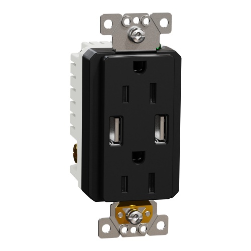 Schneider Electric SQR55141BK - USB charger + socket-outlet, X Series, 15A socket, 4.8A USB A/A, duplex, tamper resistant, black, matte finish