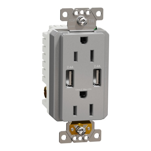 Schneider Electric SQR55141GY - USB charger + socket-outlet, X Series, 15A socket, 4.8A USB A/A, duplex, tamper resistant, gray, matte finish