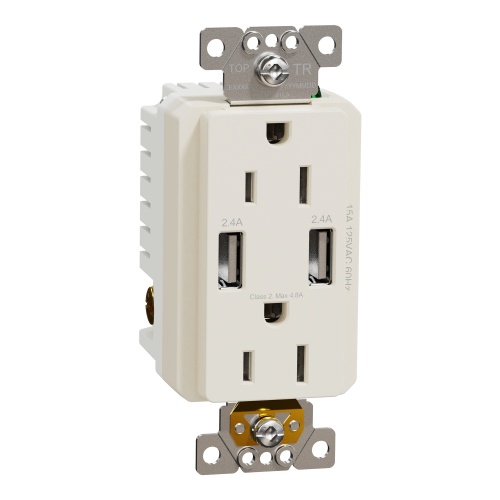 Schneider Electric SQR55141LA - USB charger + socket-outlet, X Series, 15A socket, 4.8A USB A/A, duplex, tamper resistant, light almond, matte finish