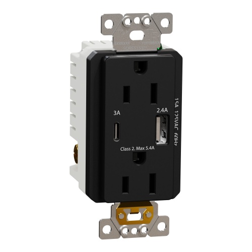 Schneider Electric SQR55153BK - USB charger + socket-outlet, X Series, 15A socket, 5.4A USB A/C, duplex, tamper resistant, black, matte finish